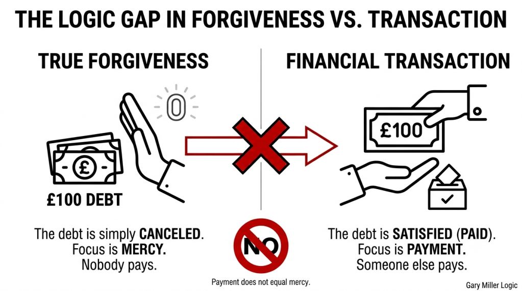 A simple black-and-white line art diagram titled "THE LOGIC GAP IN FORGIVENESS VS. TRANSACTION". On the left, a hand refusing money next to a zero symbol represents "TRUE FORGIVENESS" where a debt is canceled. On the right, a hand accepting a £100 note represents a "FINANCIAL TRANSACTION" where a debt is paid. A red crossed-out arrow between them highlights that receiving payment is not forgiveness.