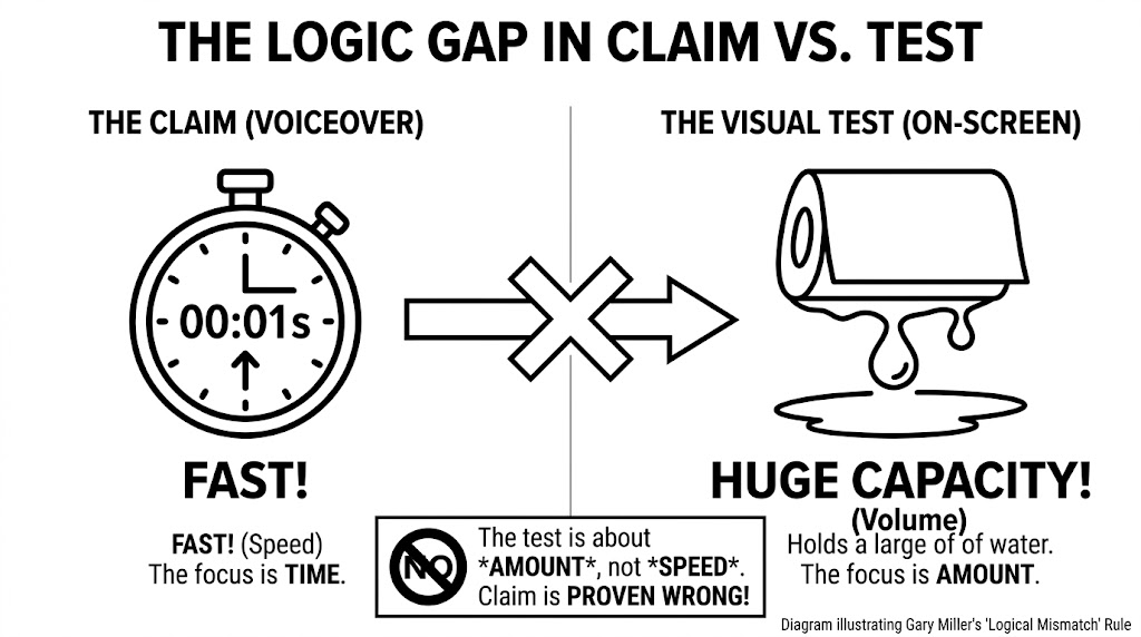 A simple black-and-white line art diagram titled "THE LOGIC GAP IN CLAIM VS. TEST". On the left, a stopwatch represents a voiceover claim about "Speed". On the right, a paper towel roll holding water represents a visual test for "Capacity". A crossed-out arrow in the middle highlights the logical disconnect between proving volume versus proving speed.